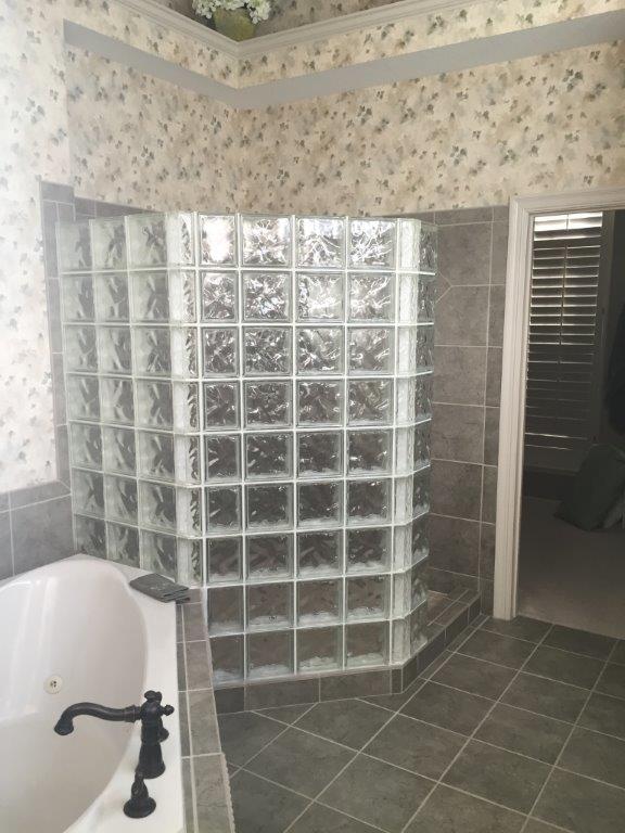 Shower, before, with glass block wall